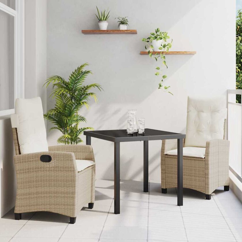 3-delt hage spisegruppe med puter beige poly rattan