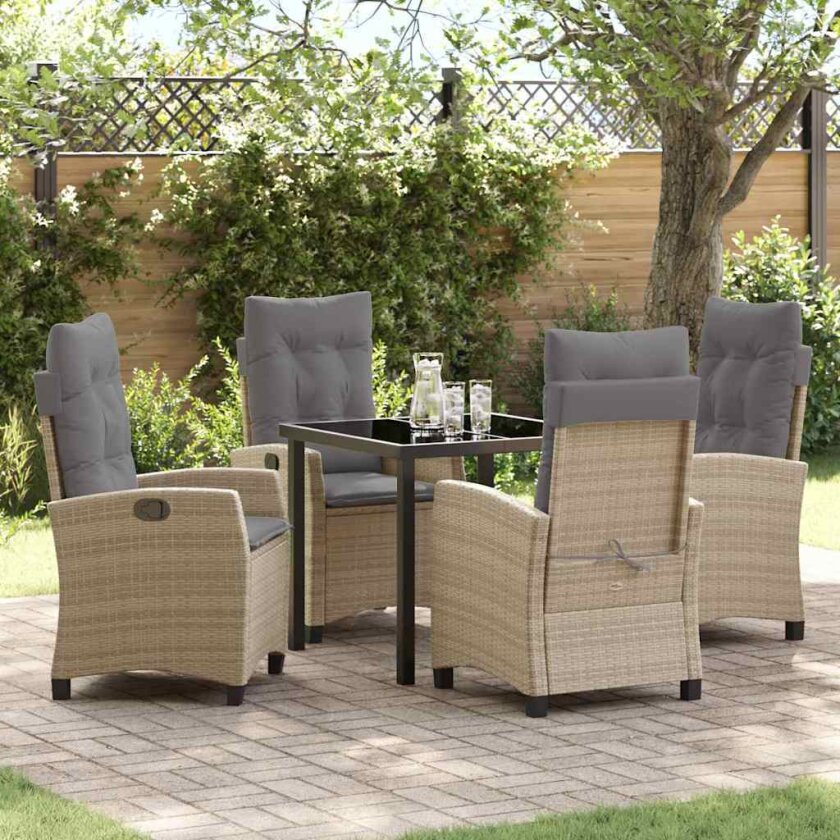 5-delt hage spisegruppe med puter beige poly rattan