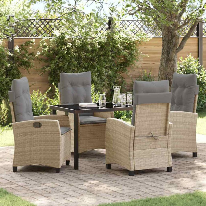 5 Delers hage spisebord med puter beige poly rattan