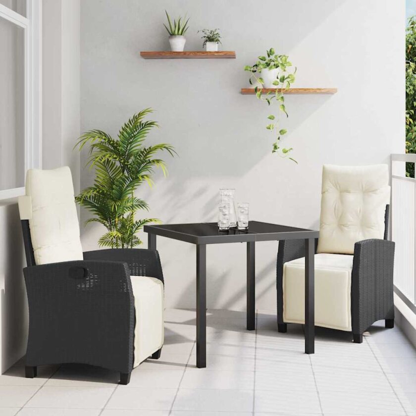 3 Delt Hage Spisebordsett Svart Poly Rattan