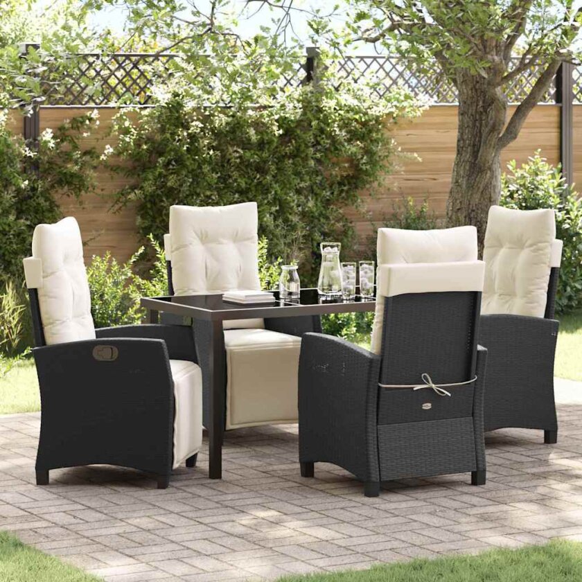 5 Delers Hage Spisebord Sett Svart Poly Rattan