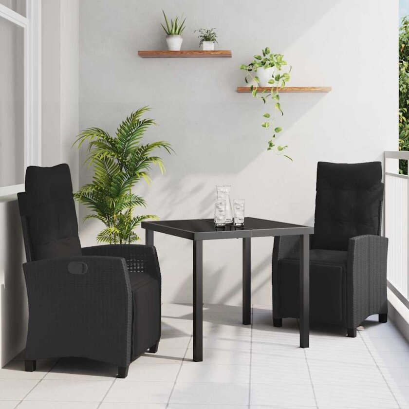 3-delt Hage Spise Sett Svart Poly Rattan