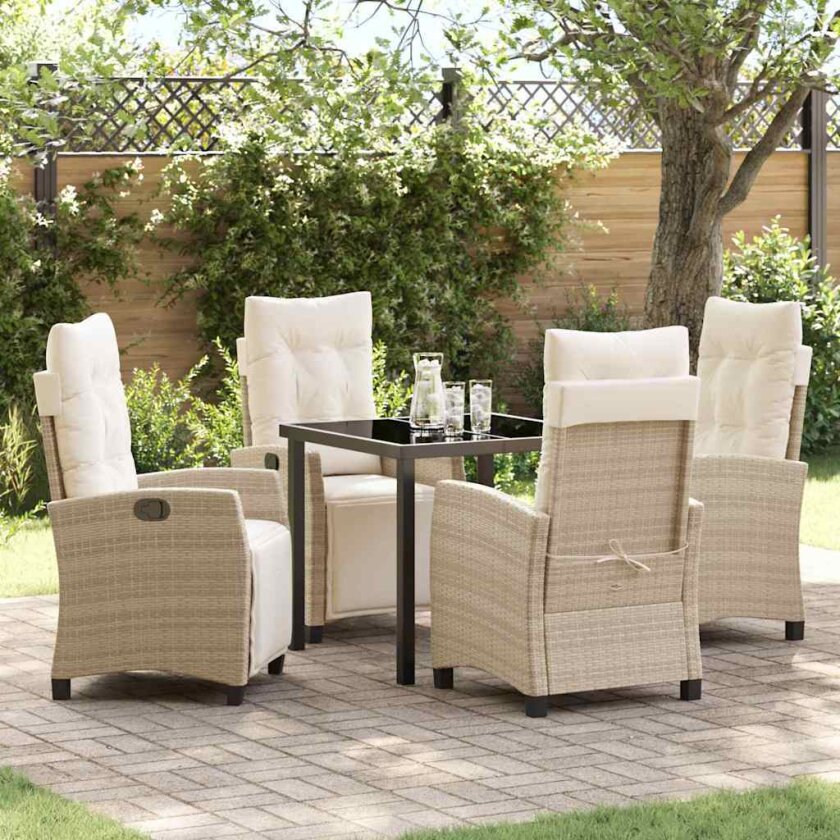 5 Delers Hage Spisestue Sett Beige Poly Rattan