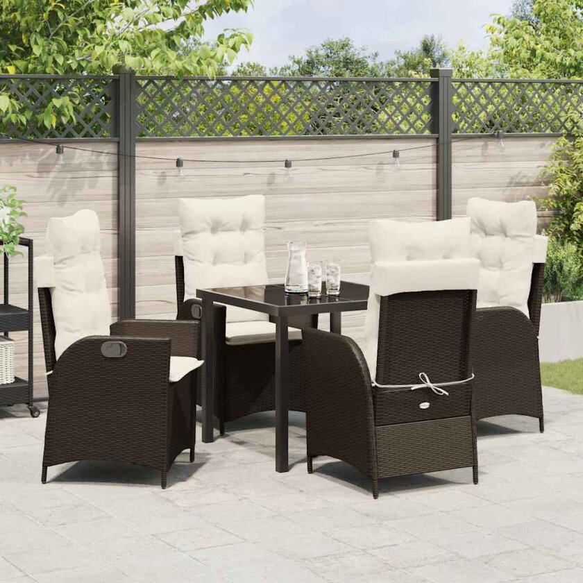 5 Delt Hage Spisebordsett med Puter Brun Poly Rattan