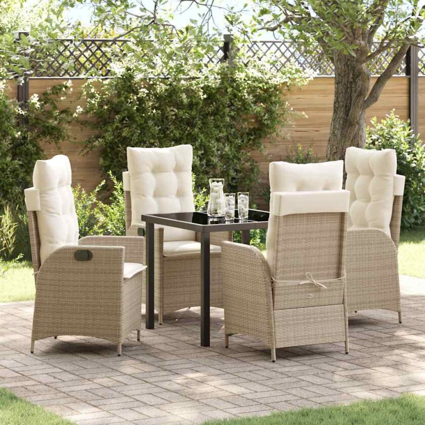 5 Delers Hage Spisestue Set med Puter Beige Poly Rattan