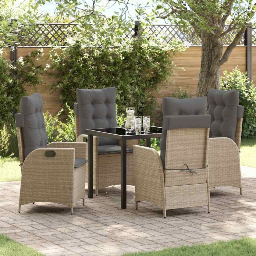 5 Delt Hage Spise Set med Puter Beige Poly Rattan