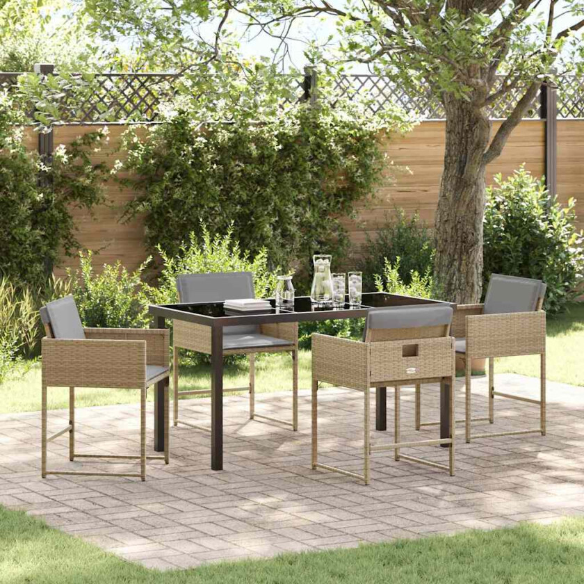 5 Delt Hage Spisegruppe med Puter Beige Poly Rattan, Hage Bord Sort 140x80x73 cm Herdet Glass