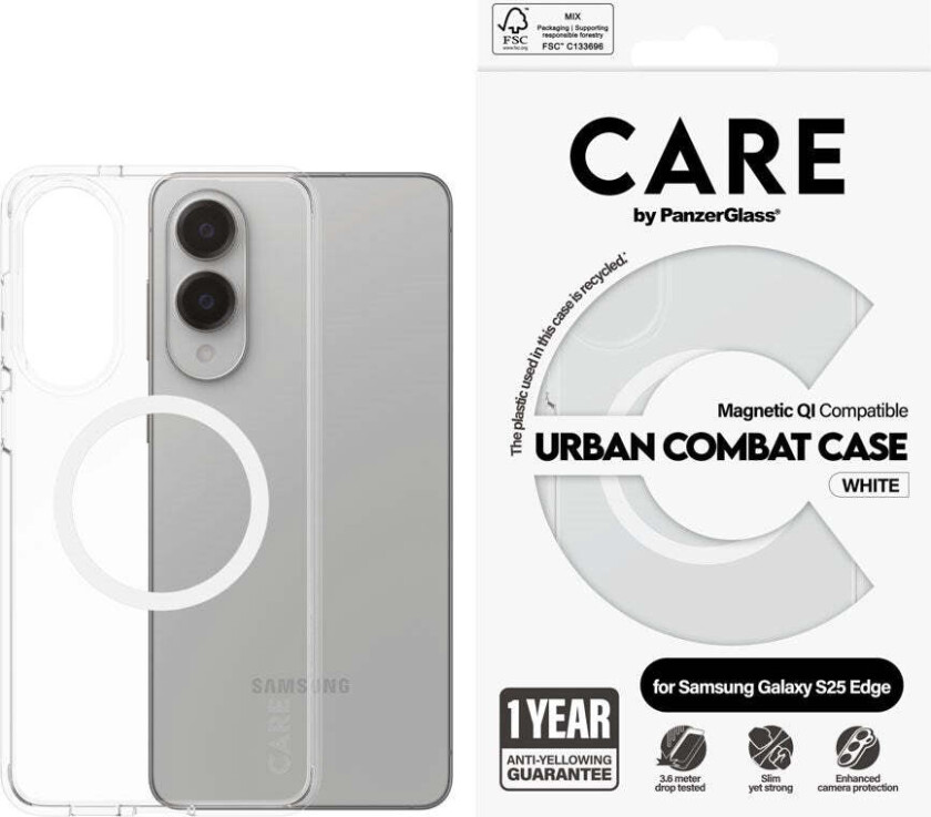 Flagship Case Transparent Urban Combat w. White Qi Compatible Samsung S25 Edge