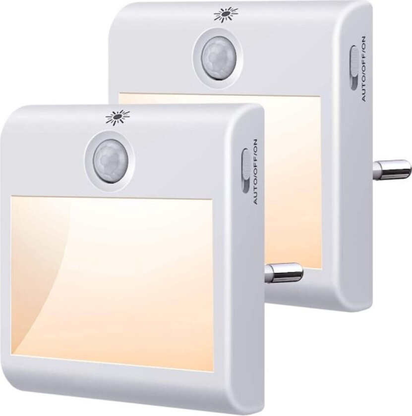 Nattlyspkontakt med bevegelsessensor, 2-pakning nattlys for barn med skumringssensor, trinnløst dimbar varmhvit nattlampe