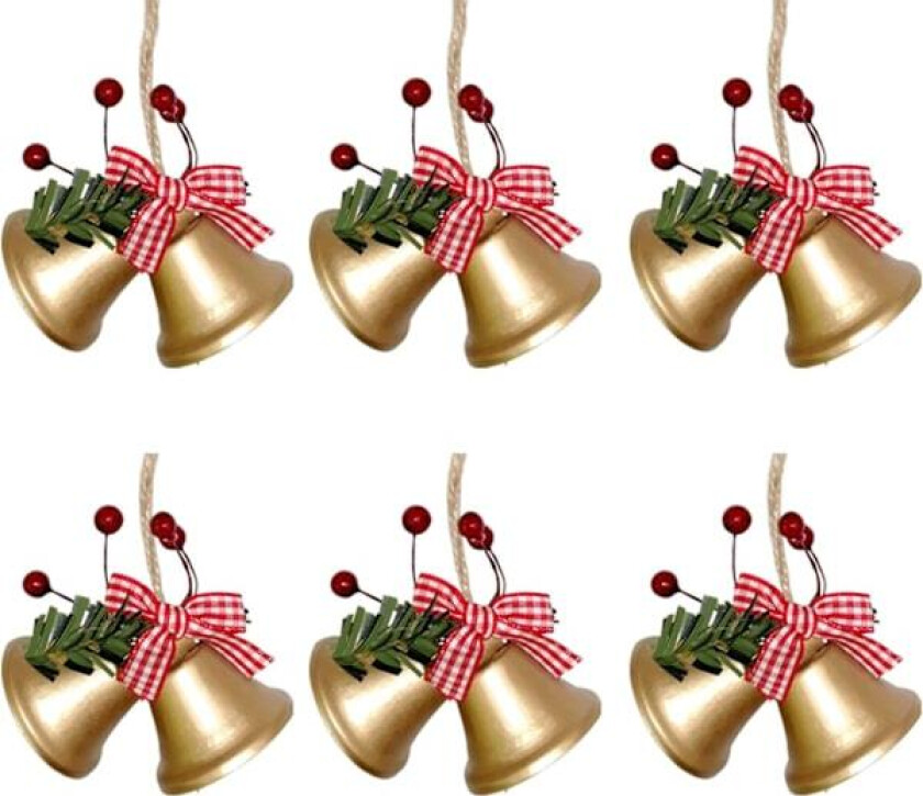Gull Julebjeller Ornamenter 6 stk Juletrepynt Hengende Bjelleklang Julebjeller med Sløyfe og Røde Bær