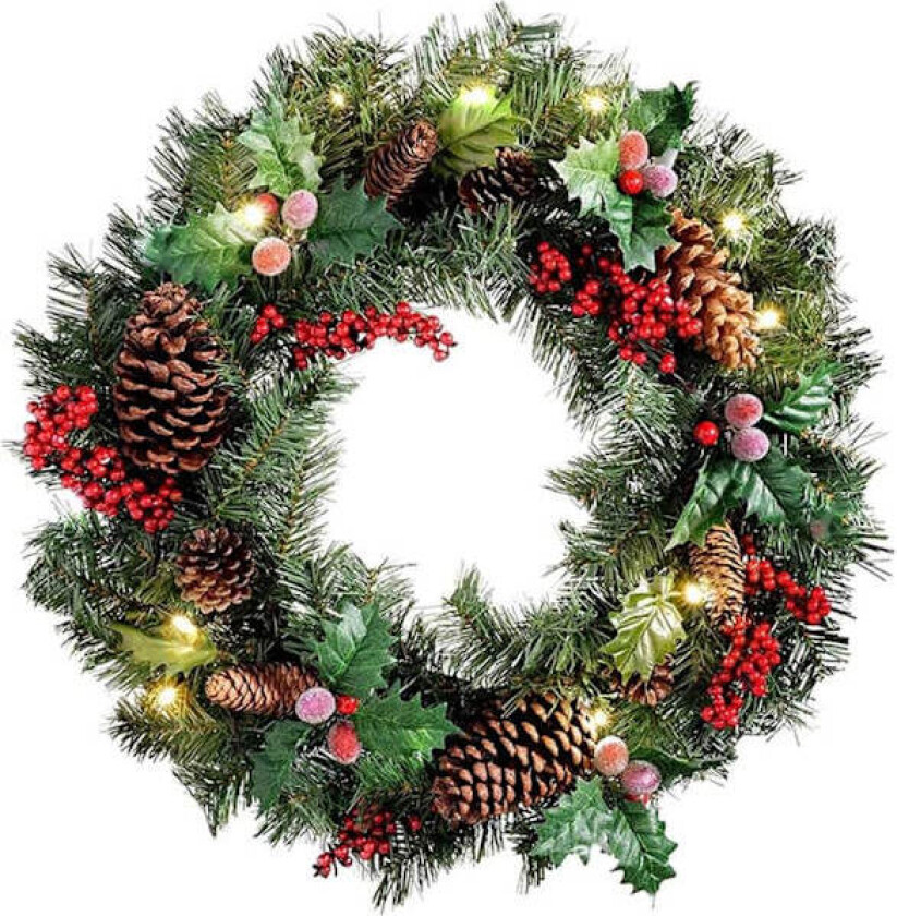 40 cm ferdigbelyst julekrans til inngangsdør med lys, kunstige lyskranser til vindu, peis, veggdekor