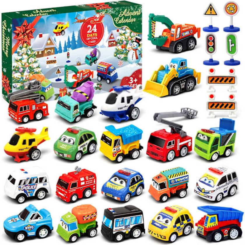 Adventskalender 2025 Barn Gutter, 24 Dager Jule Nedtelling med Tilbaketrekkbare Biler Trafikkskilt Sett