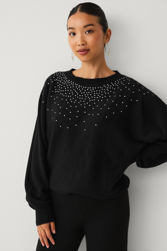 Strikket pullover med rhinstener - Svart