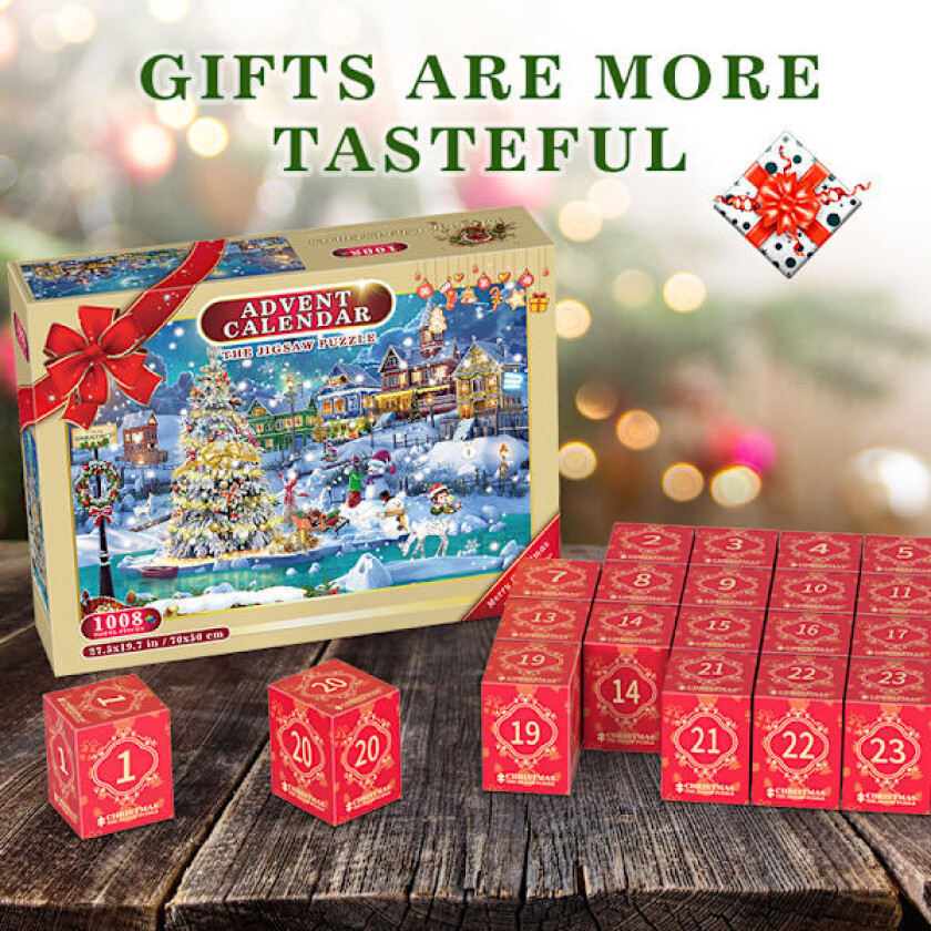 QQ-Puslespill adventskalender 2023, 1008 puslespillbrikker 24 dagers julenedtelling adventskalendere, julegaveidé for barn Voksen