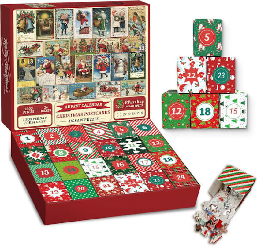 |NN| Adventskalender 2025 Julepuslespill for voksne 1000 brikker, Julekalender Puslespill, Vintage Julepostkort