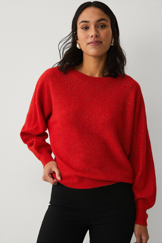 Strikket pullover med rhinstener - Rød