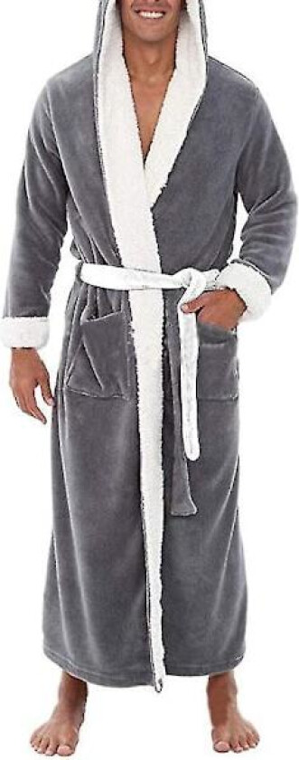 Lang hettebadekåpe for menn, myk nattkjole, morgenkåpe, grå 3XL
