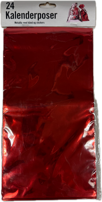 Kalenderposer 24 metall rød/sølv m/bånd