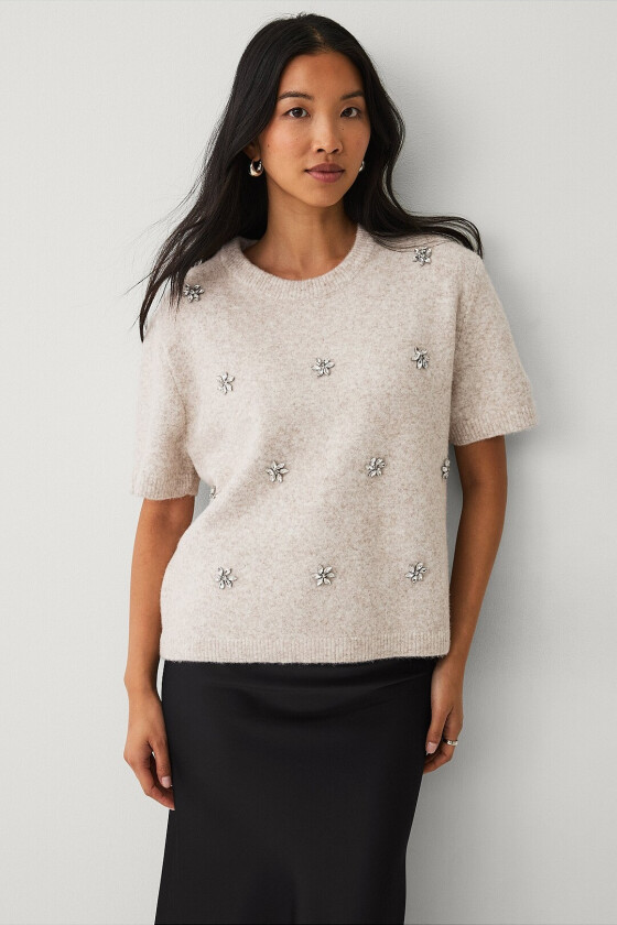 Kortermet, strikket genser - Beige