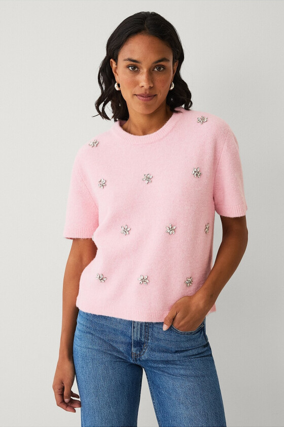 Kortermet, strikket genser - Rosa