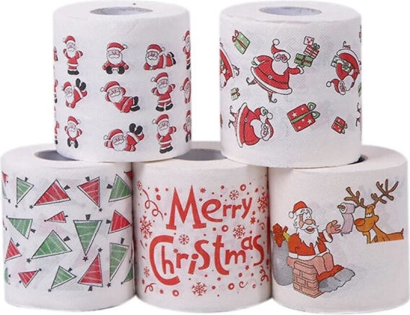 Bilde av 5 ruller toalettpapir i papir med julemotiver for hjemmet, kontoret eller toalettet