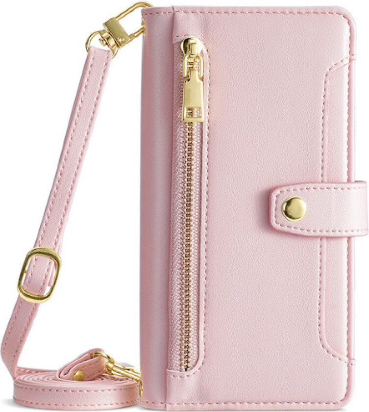 Kompatibel med Samsung S25 Plus flip crossbody mobiltelefonveske med snor multifunksjonell mobiltelefon skinnveske rosa
