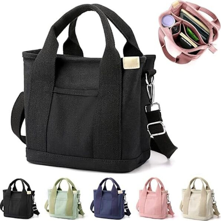 Multi-Pocket Tote Bag med glidelås, Håndlaget Canvas Veske med rom, Multifunksjonell Satchels Bag for kvinner Damer Universitet Skole Arbeid Reise