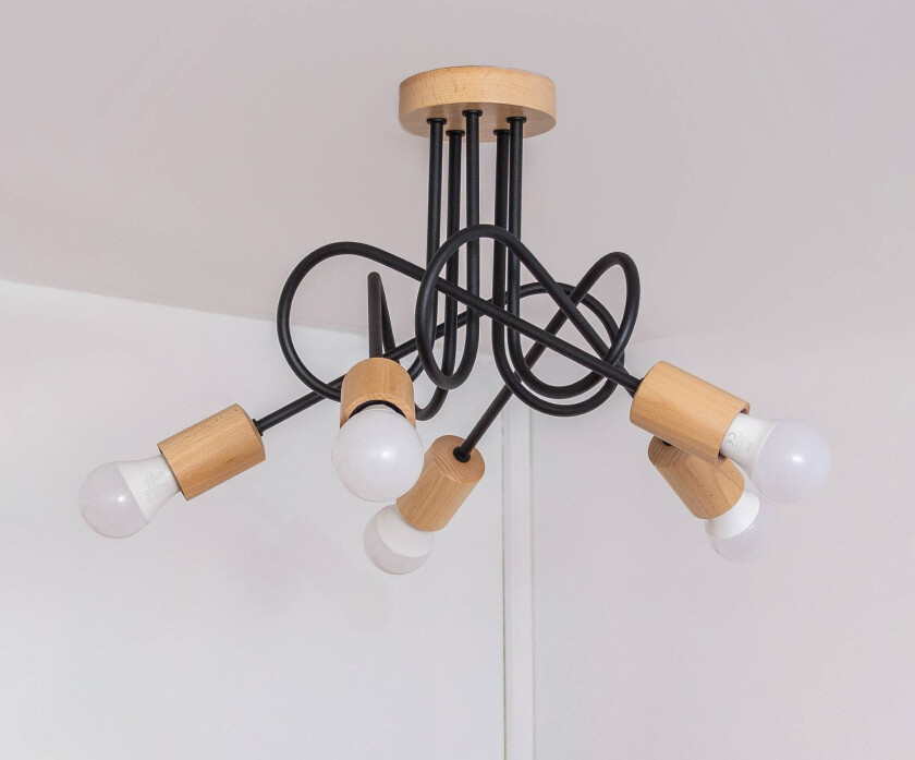 Taklampe Oxford, svart, tre, metall, 5 lyskilder, Ø 47 cm