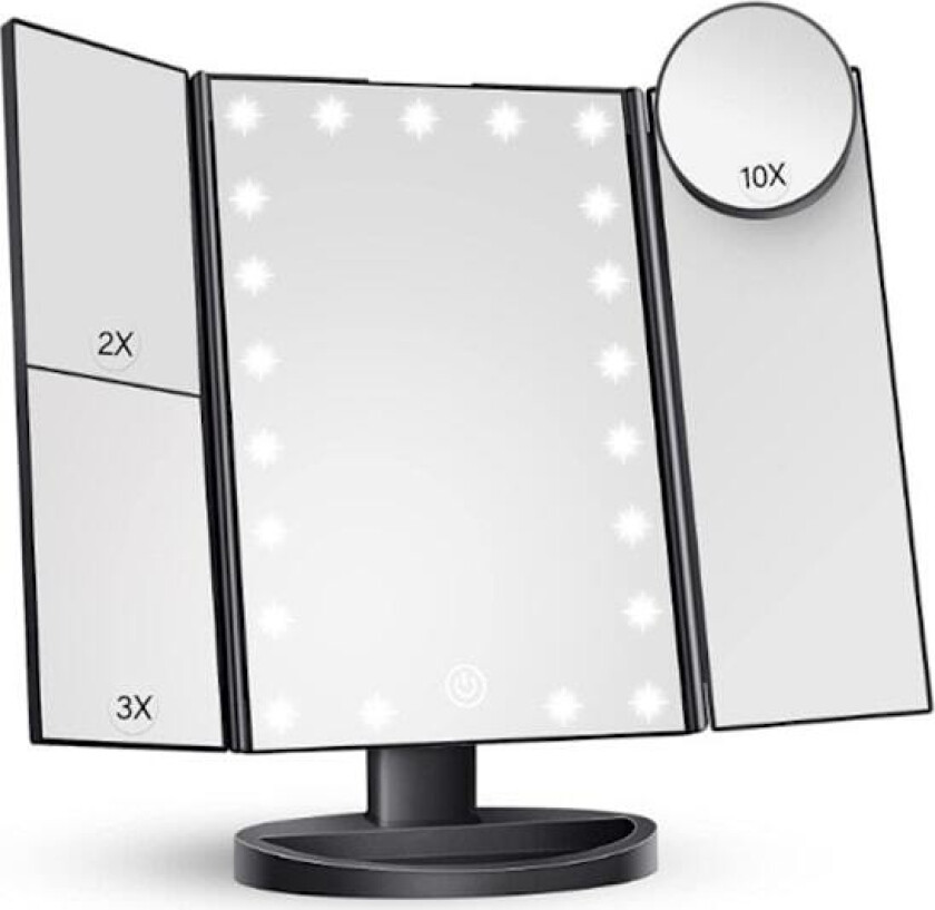 Sminkespeil Sminkebord med Lys, 2X 3X 10X Forstørrelse, Belyst Speil, Berøringskontroll, Tri-Fold Dobbel Strømforsyning, Bærbar LED (Svart)