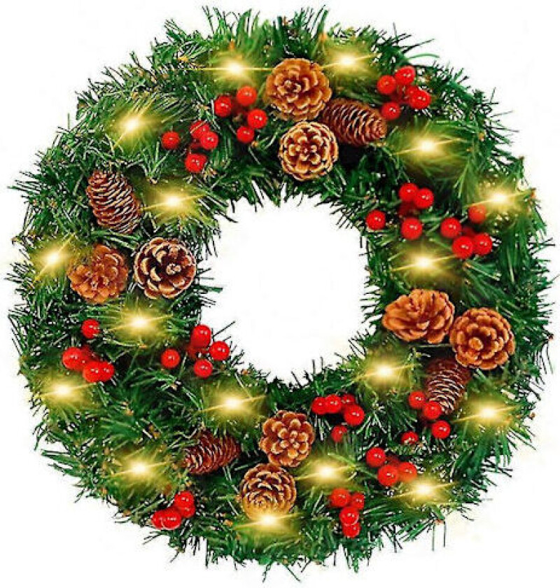Kunstig julekrans med kongler, røde bær og LED-lys, dekorativ krans til ytterdør, vegg, bondegårdsdekor, utendørs og innendørs festutstyr