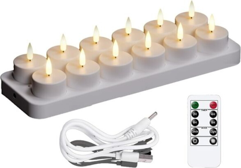 12-pakning – Telys – Oppladbare – LED-lys med fjernkontroll og timer