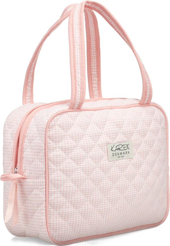 Large toiletry bag with handle in pink checkered quilt