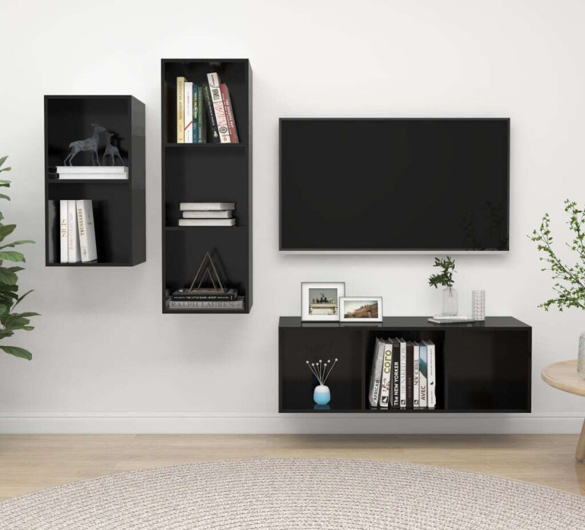 TV-benksett 3 deler høyglans svart sponplate
