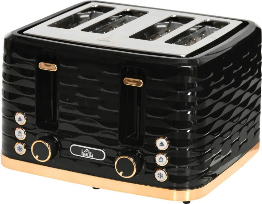 4-skivers brødrister, bølgedesign, multifunksjon, svart