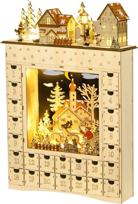 Adventskalender med LED-lys – 24 skuffer, naturlig tre