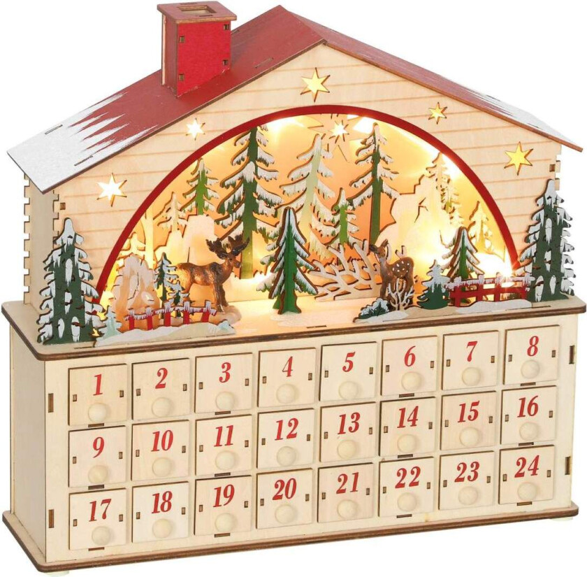 Adventskalender med LED-lys, 24 skuffer, naturlig tre