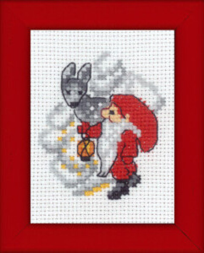 Broderisett julebilde med nisse og hjort 6x8cm