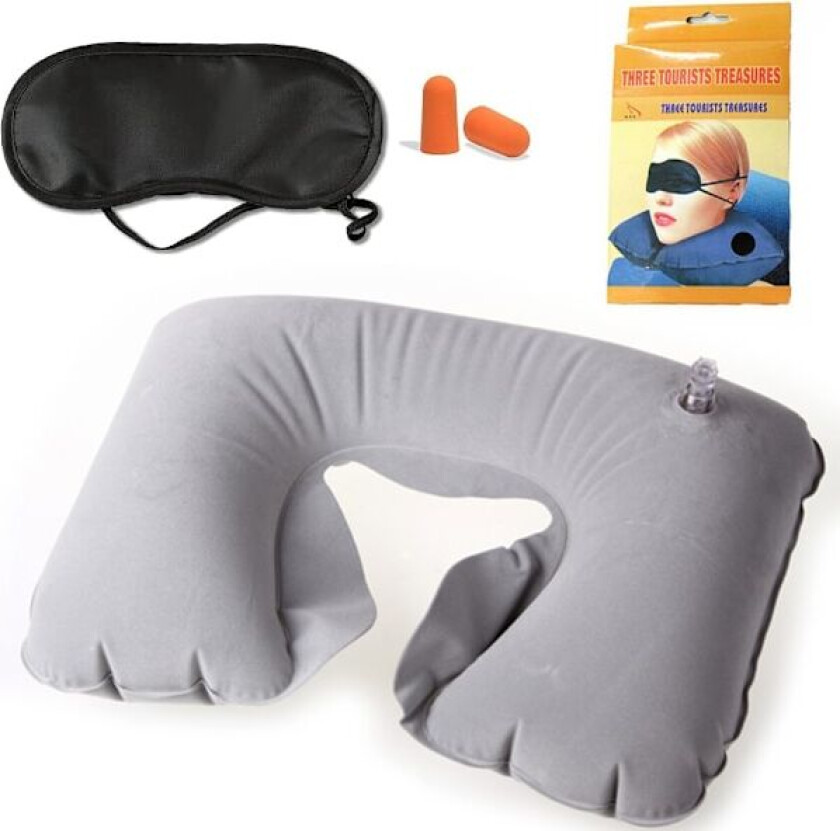 Uppblåsbar Resekudde / Nackkudde - Öronproppar & sovmask