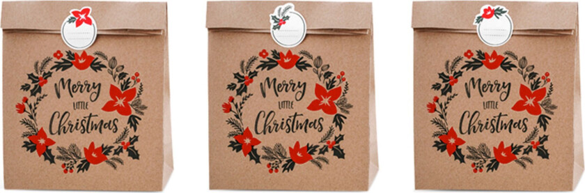 Sett med 3 "Merry Little Christmas" Kraft Papir Gaveposer - Merry Xmas Collection