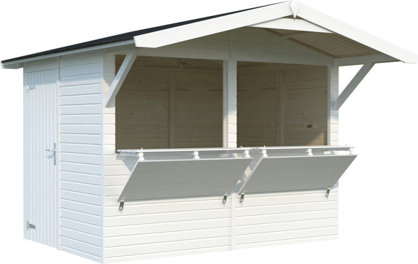 PalmakoKiosk Stella 5,0 m2 Kiosk til bruk på handelsdager, markeder, på idrettsanlegg, fotballstadioner m.m.
2 salgsluker i front som blir til disker når de slås ned.
Sidedør med lås.