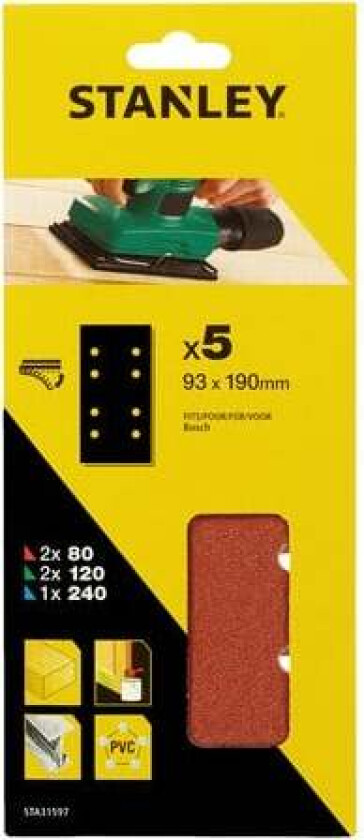 Stanley STA31597 Slipepapir Slipepapir 1/3ark 93X190mm 8 hull 5 stk assortert STA31597 2x80k,2x120k,1x140k til tre,pvc og malte flater