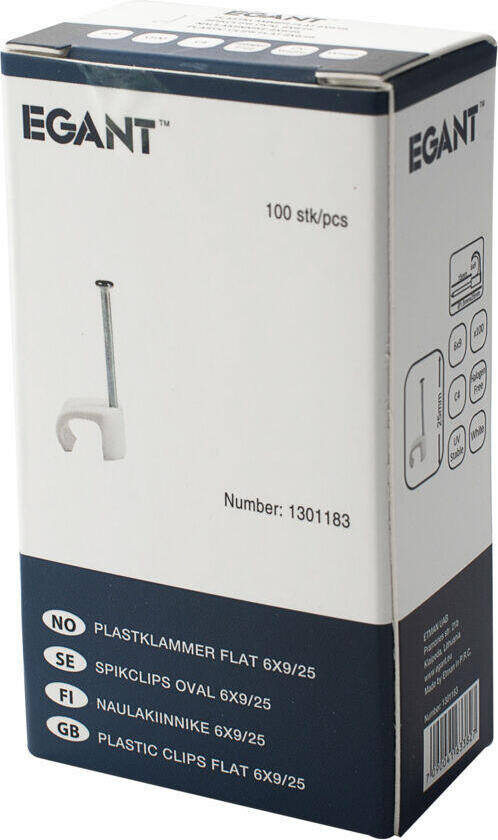 Egant Kabelklips 6x9 hvit Kabelklammer til flat kabel med diameter 6-9 mm. Hvit. Korrosjonsklasse C4. Installasjonstype innendørs og utendørs.