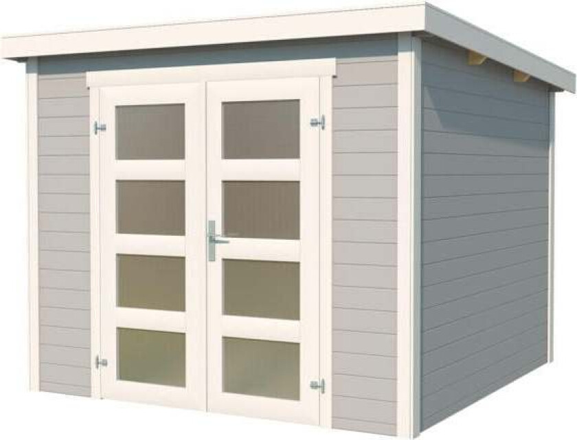 Krifon Oslo bod 7,5 m2 Bod med skråtak og litt tykkere veggbord. Dobbeltdør gjør lagring av større ting enkelt.