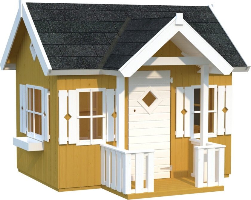 Bilde av Palmako Jennie lekehus 3,8 m² Et elegant lekehus med både terrasse med rekkverk og takoverbygg over døra.
La barna få sitt eget tilholdssted med søsken venner eller familie.