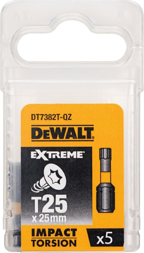 DT7382T Bits torx T25 25MM Bits Flex-torq T25, tosion, DT7382T, 25MM total lengde, 5stk i pakken, for bruk med slagtrekker