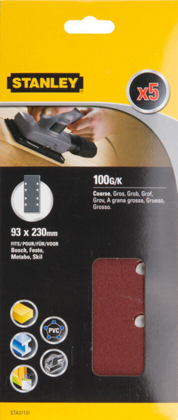Stanley STA31131 Slipepapir Slipepapir 1/3ark 93X230mm 100 korning, 8 hull, 5 stk STA31131 for tre,pvc og malte flater