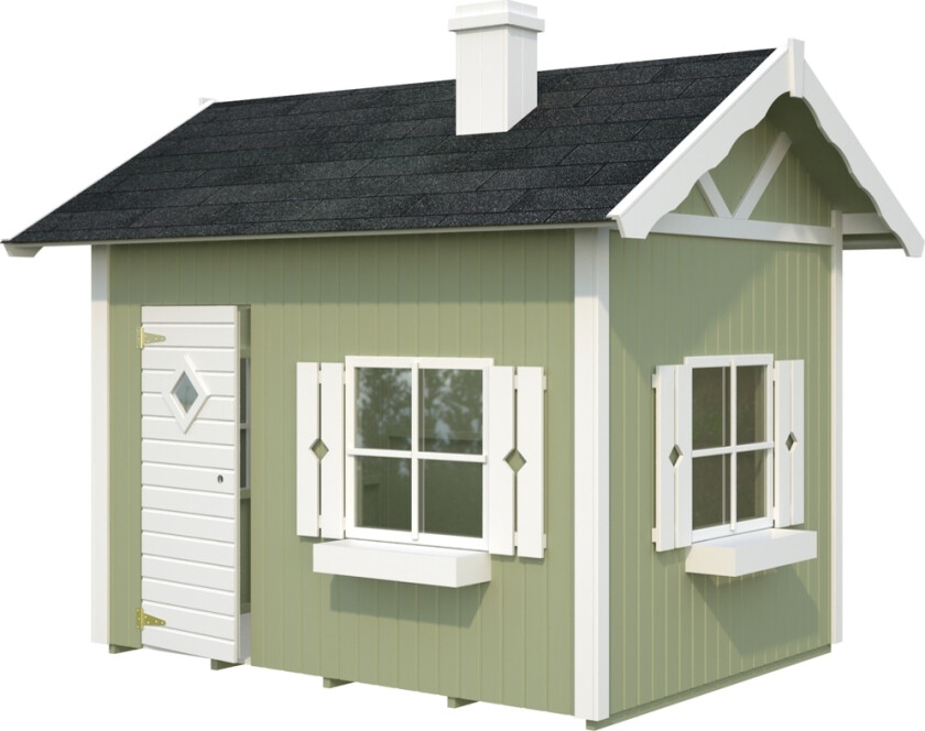 Bilde av Palmako Grete lekehus m/hems 3,7 m² Et romslig lekehus som til og med har hems i 2.etg.
Lekehuset har pipe på taket, vindusskodder og koselige blomsterkasser.