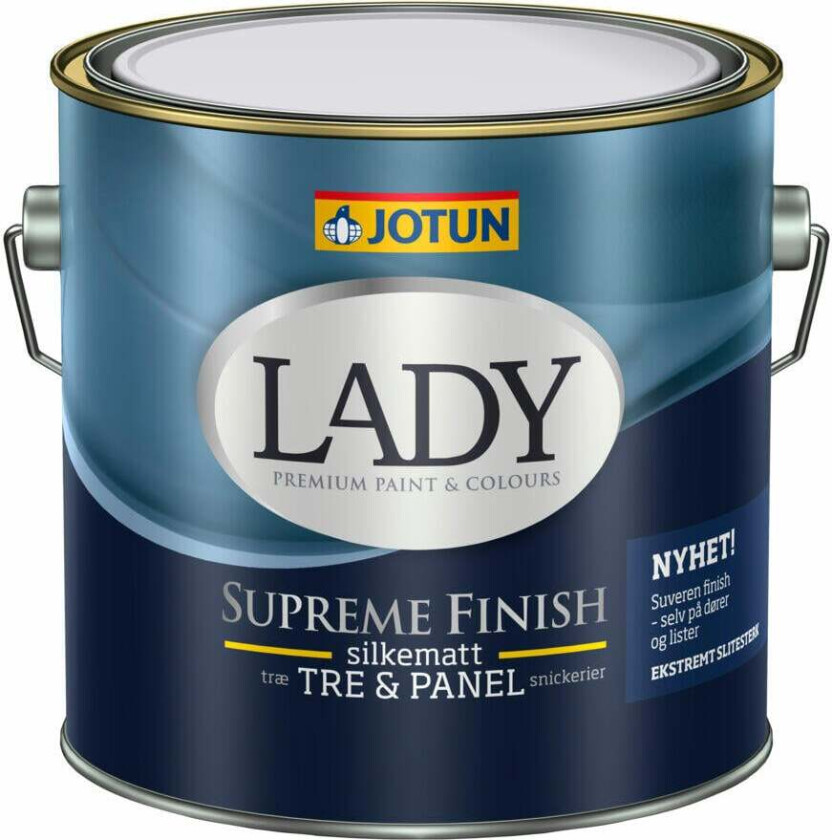 Jotun Lady Supreme Finish 15/silkematt interiørmaling Vanntynnet svanemerket oljemaling for innendørs treverk. Anbefalt forbruk pr. strøk: 8-10 m²/liter (glatte og ujevne underlag).