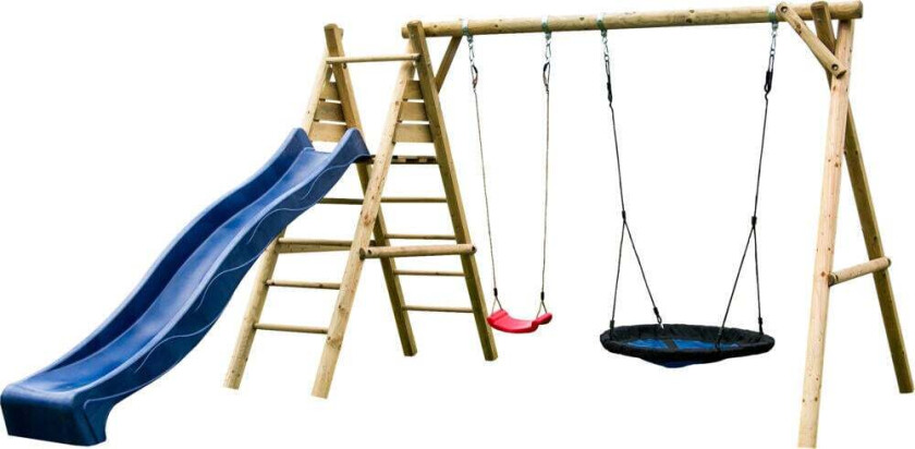 Bilde av Palmako Kasper lekestativ m/huske Lekestativ med megaswinghuske, vanlig huskesete, dobbel klatrestige og plattform med høyde 150 cm.