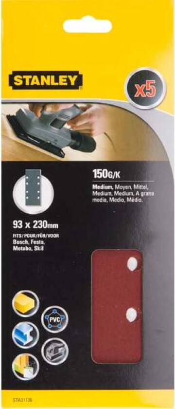 Stanley STA31136 Slipepapir Slipepapir 1/3ark 93X230mm 150 korning, 8 hull, 5 stk STA31136 for tre,pvc og malte flater